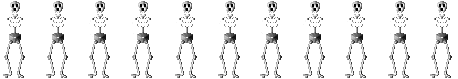 A row of dancing skeletons